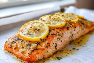 Close-up of a perfectly cooked garlic butter salmon fillet topped with fresh lemon slices and herbs.