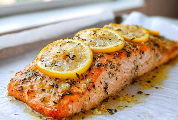 Close-up of a perfectly cooked garlic butter salmon fillet topped with fresh lemon slices and herbs.