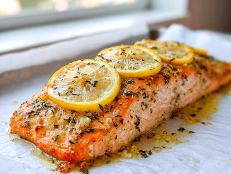 Close-up of a perfectly cooked garlic butter salmon fillet topped with fresh lemon slices and herbs.
