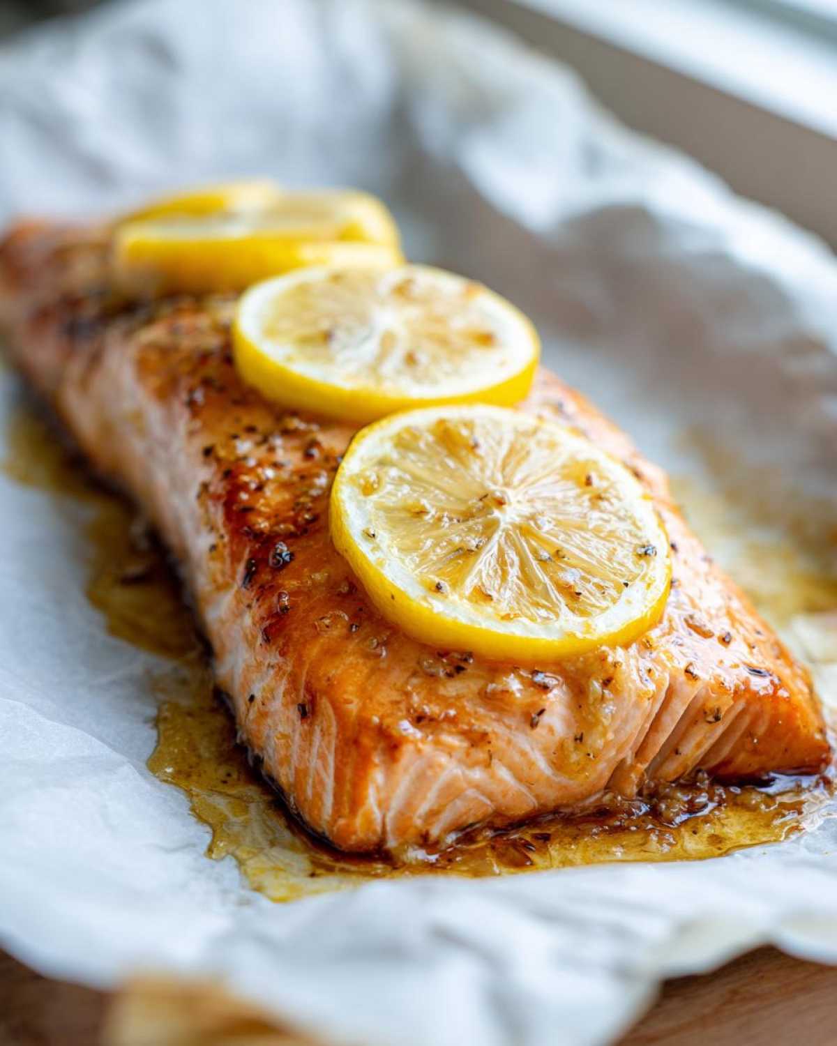 Close-up of a perfectly cooked garlic butter salmon fillet topped with three bright lemon slices.