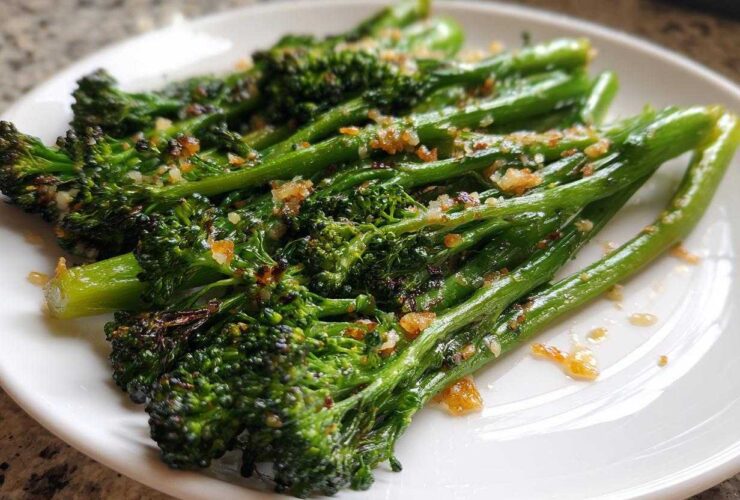 Close-up of perfectly cooked, bright green broccolini topped with crispy garlic bits on a white plate.