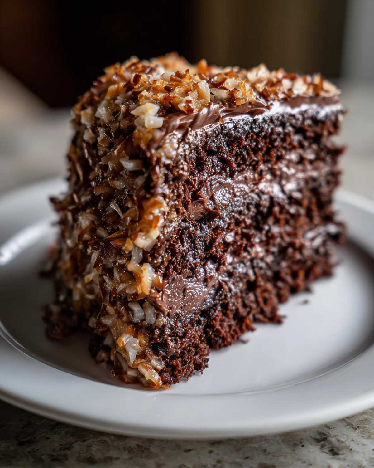 A moist slice of german chocolate cake recipe showing dark chocolate layers and coconut pecan frosting.