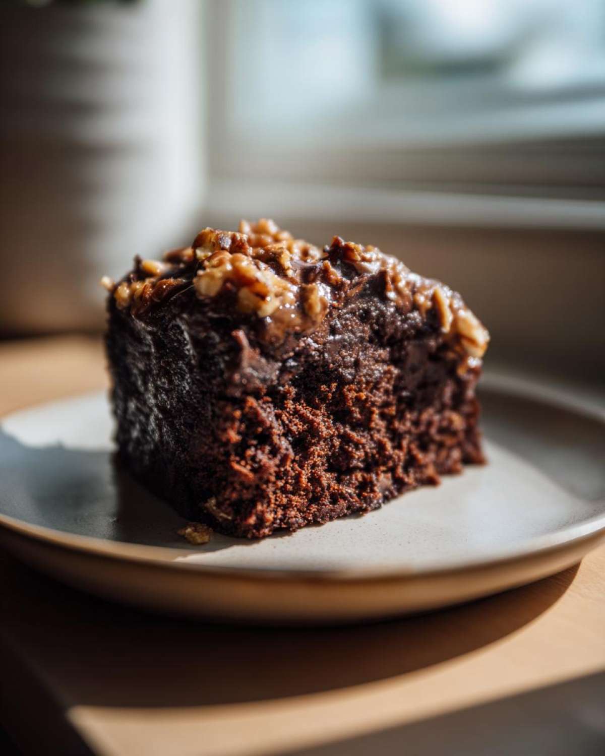 Close-up of a rich, dark slice of german chocolate poke cake topped with gooey coconut and pecan frosting.