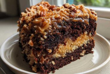 Close-up of a rich slice of german chocolate poke cake showing dark chocolate layers and coconut pecan frosting.