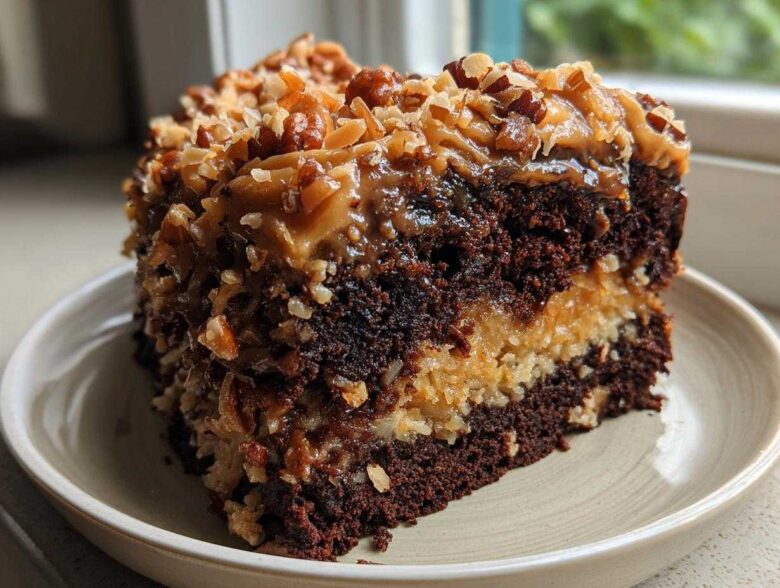 Close-up of a rich slice of german chocolate poke cake showing dark chocolate layers and coconut pecan frosting.