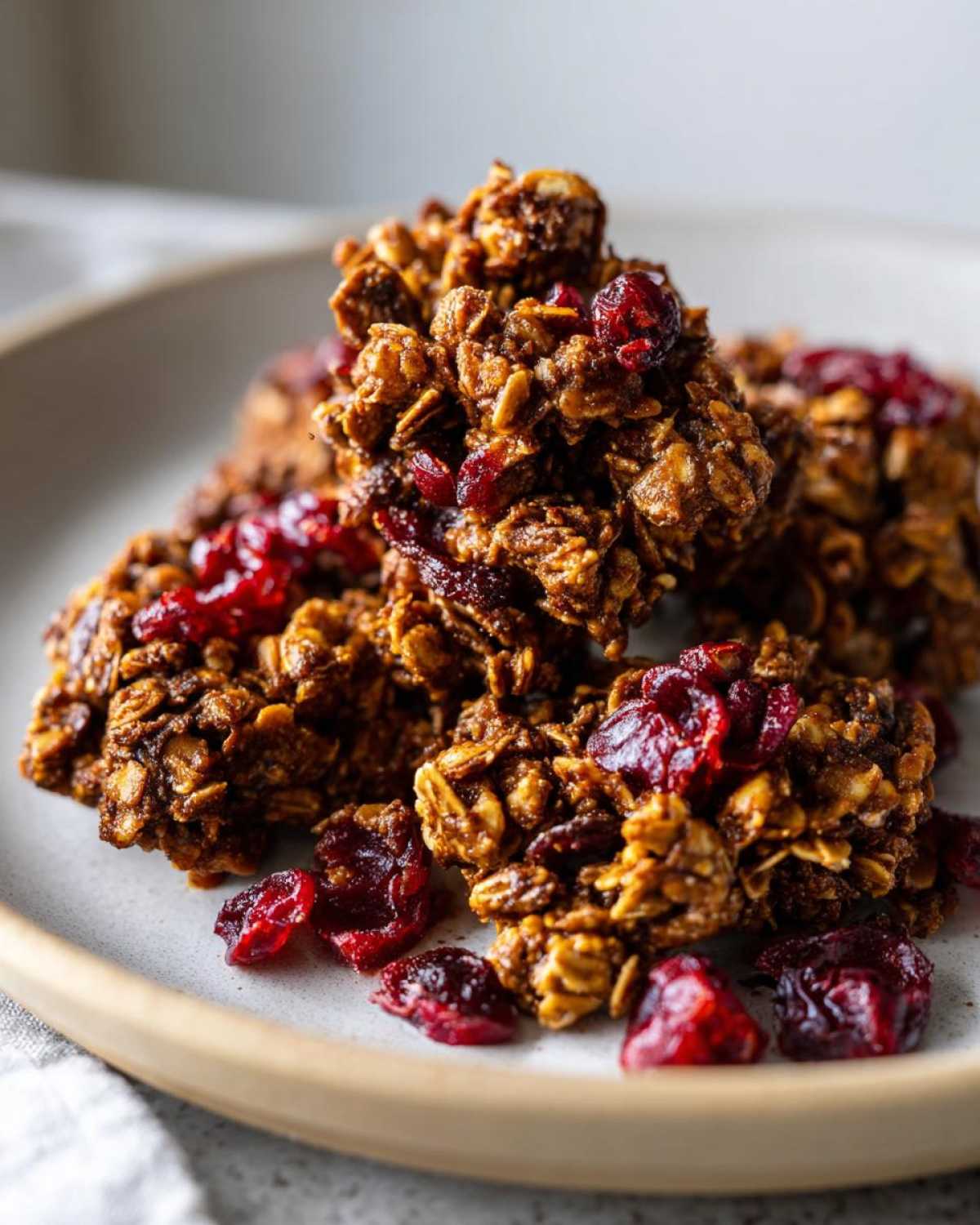 Close-up of rich, brown gingerbread granola clusters studded with bright red dried cranberries on a light plate.