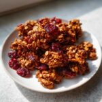 Close-up of crunchy gingerbread granola clusters mixed with bright red dried cranberries on a white plate.