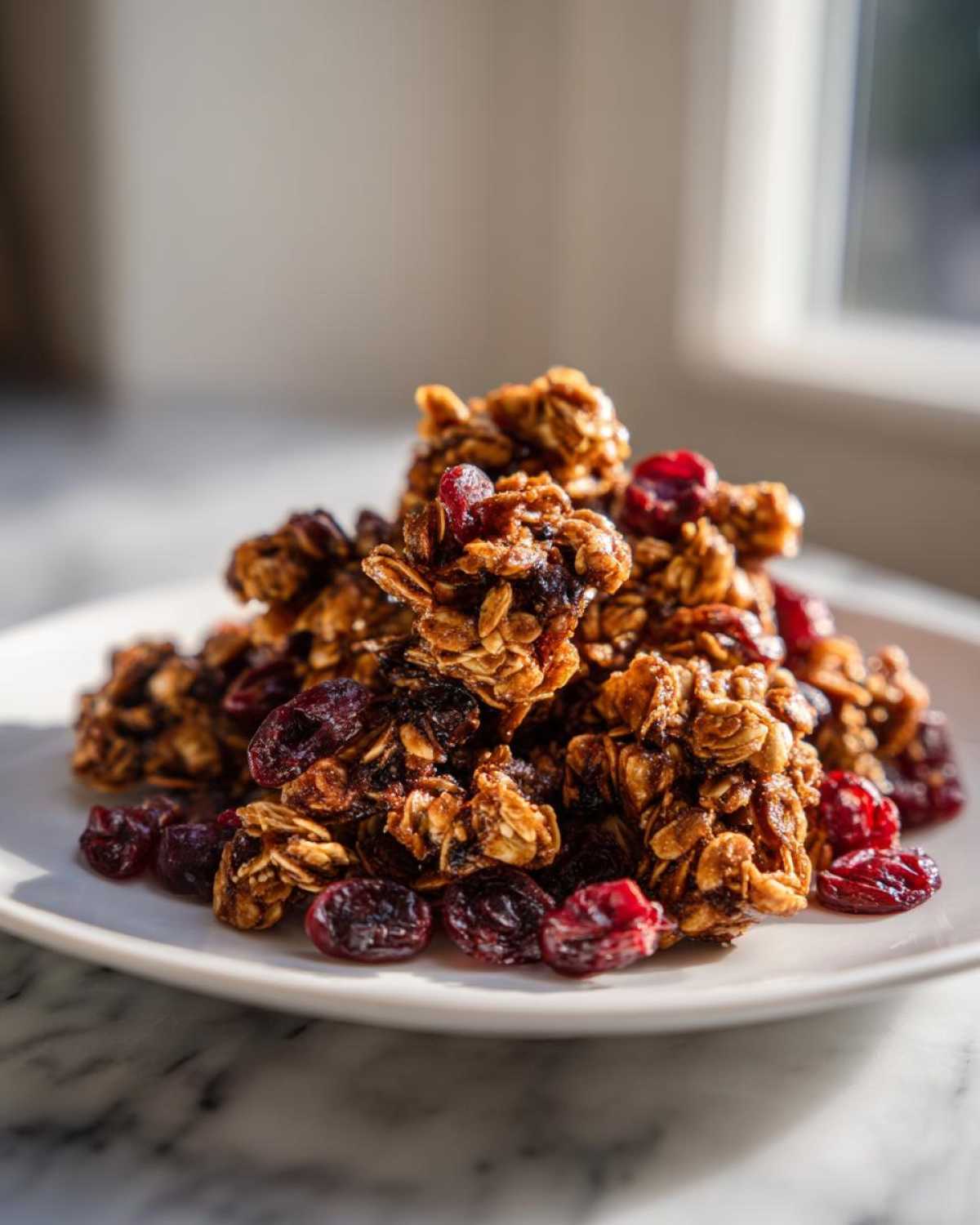 A close-up of crunchy clusters of gingerbread granola mixed with dried cranberries piled on a white plate.