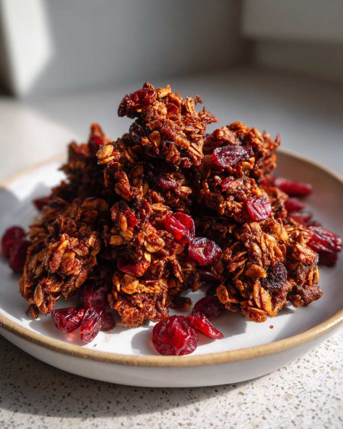 A pile of dark, rich gingerbread granola clusters mixed with bright red dried cranberries on a white plate.