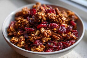 Close-up of a light gray bowl filled with rich, spiced gingerbread granola mixed with bright red dried cranberries.