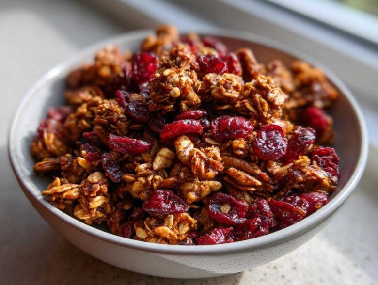 Close-up of a light gray bowl filled with rich, spiced gingerbread granola mixed with bright red dried cranberries.