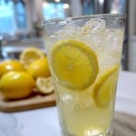 Close-up of a tall glass filled with bubbly, ice-cold lemonade and lemon slices, with whole lemons blurred in the background.