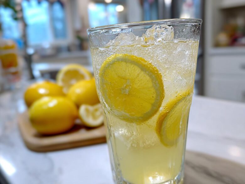 Close-up of a tall glass filled with bubbly, ice-cold lemonade and lemon slices, with whole lemons blurred in the background.