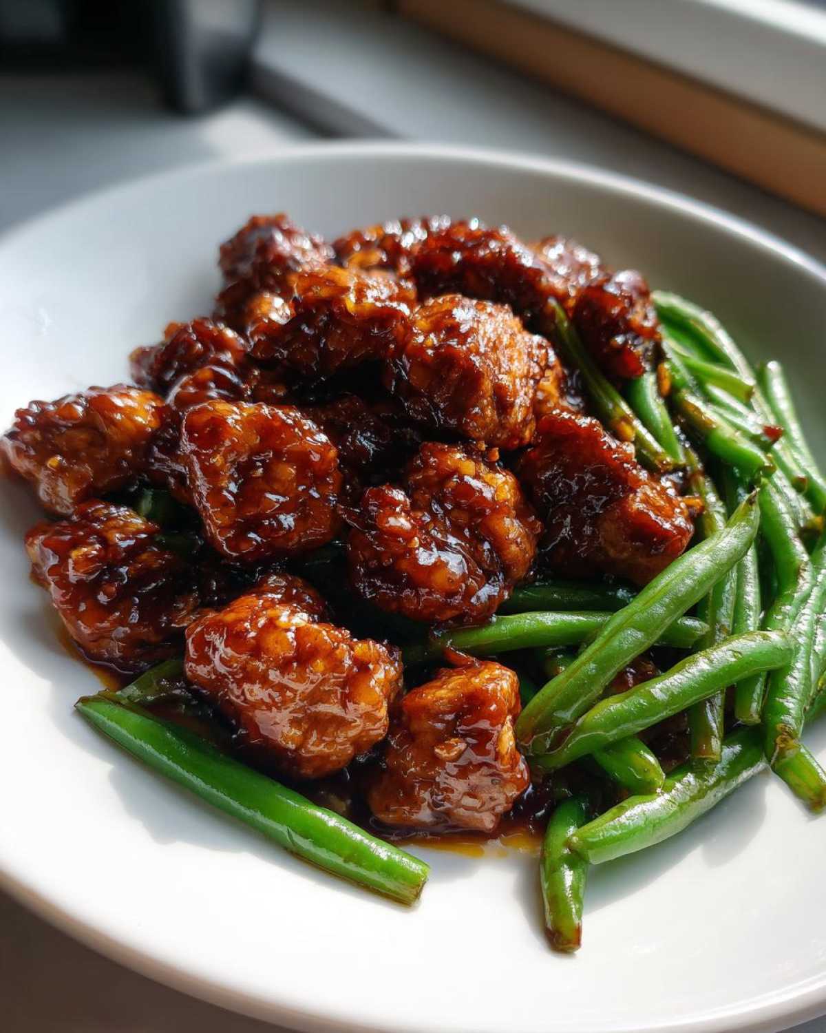 Close-up of glazed chicken pieces served with bright green beans, a perfect chicken and green beans dish.