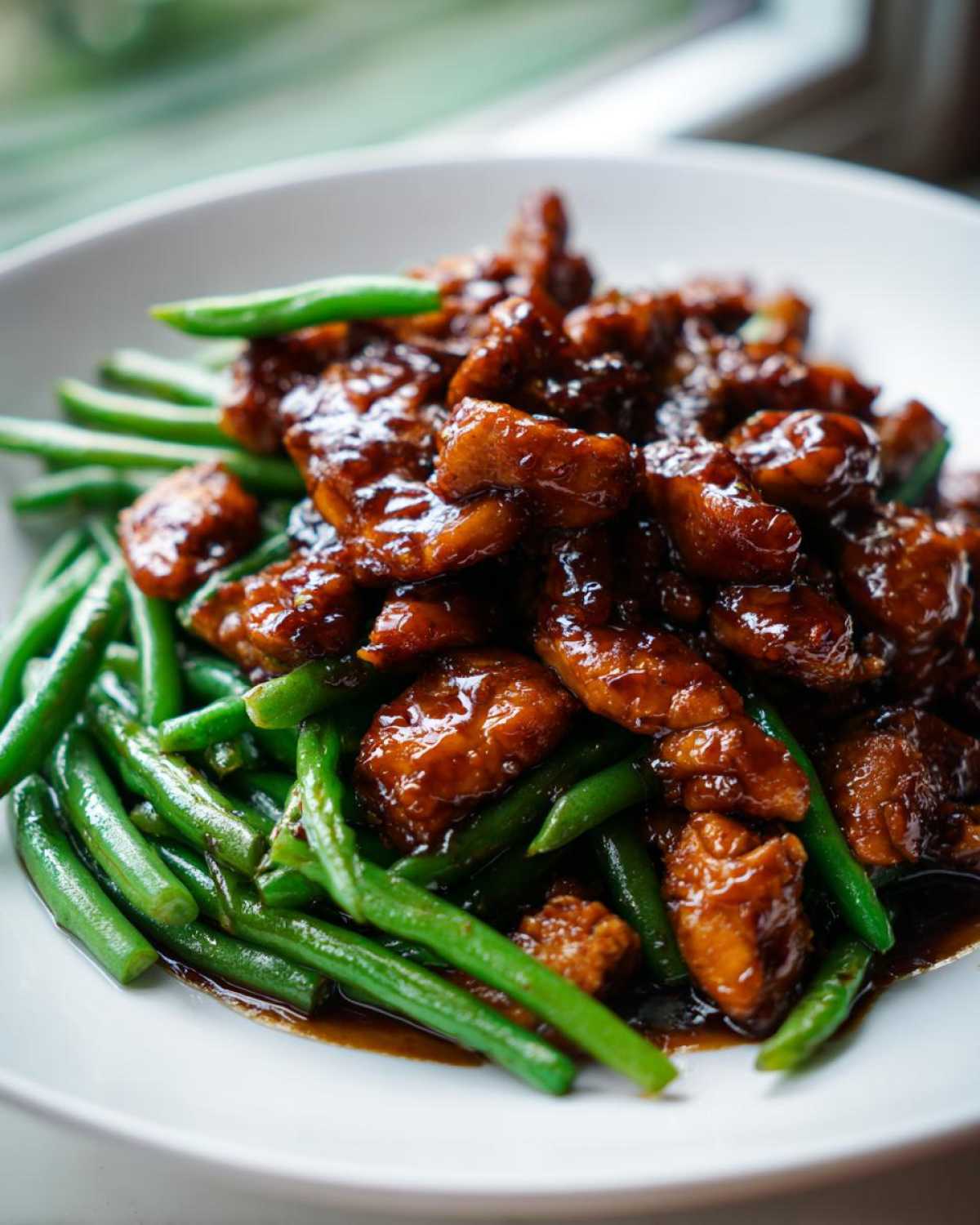 Close-up of glossy, saucy chicken pieces served over bright green beans, a perfect chicken and green beans meal.