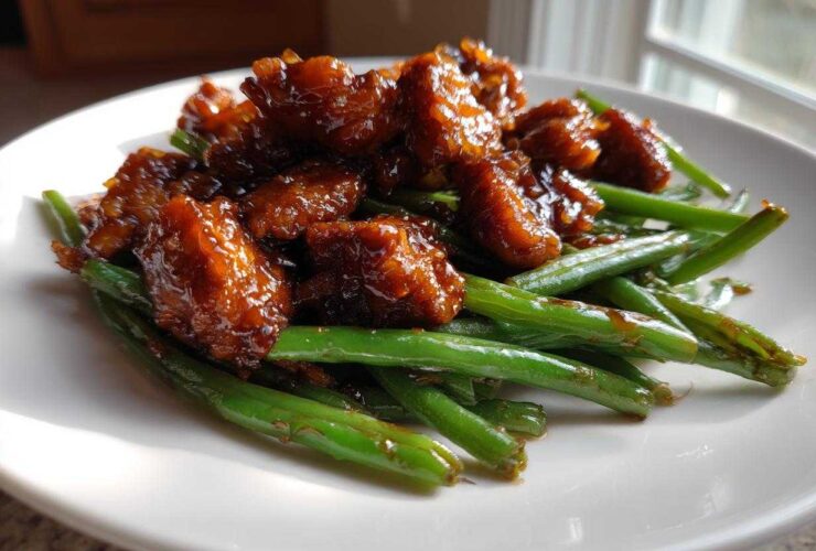 Close-up of glazed chicken pieces served over bright green beans, showcasing the delicious chicken and green beans dish.