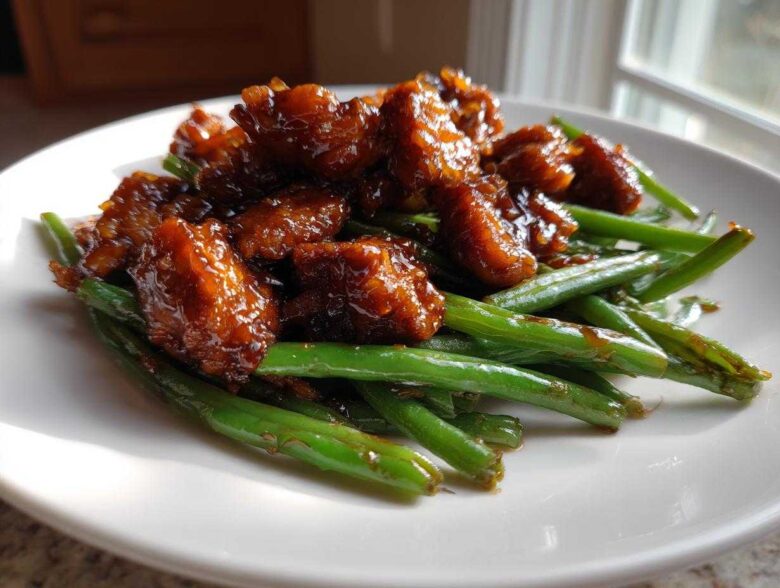 Close-up of glazed chicken pieces served over bright green beans, showcasing the delicious chicken and green beans dish.
