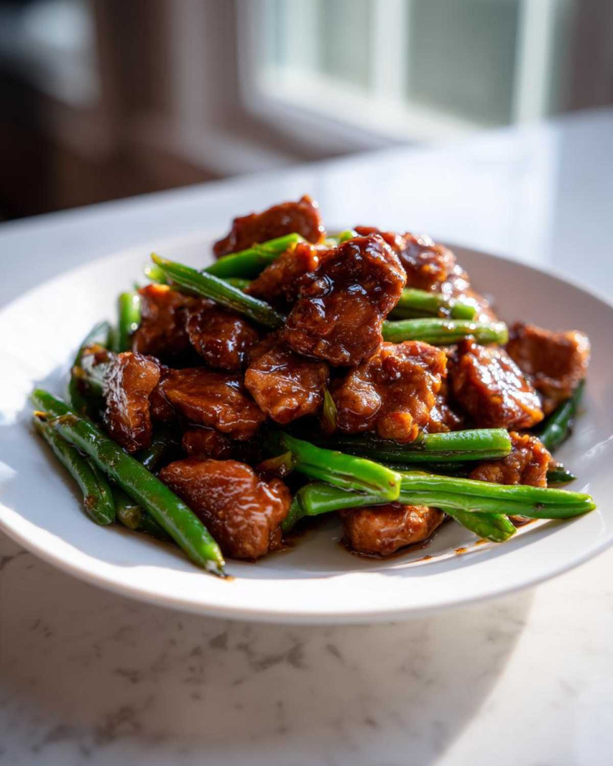 Close-up of glossy, saucy chicken and bright green beans, a perfect chicken and green beans dish.