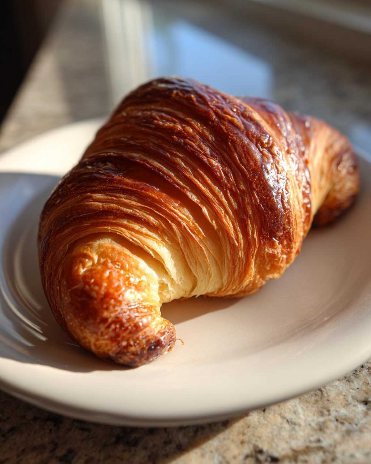Close-up of a perfectly flaky, golden brown chocolate croissant resting on a light-colored plate.