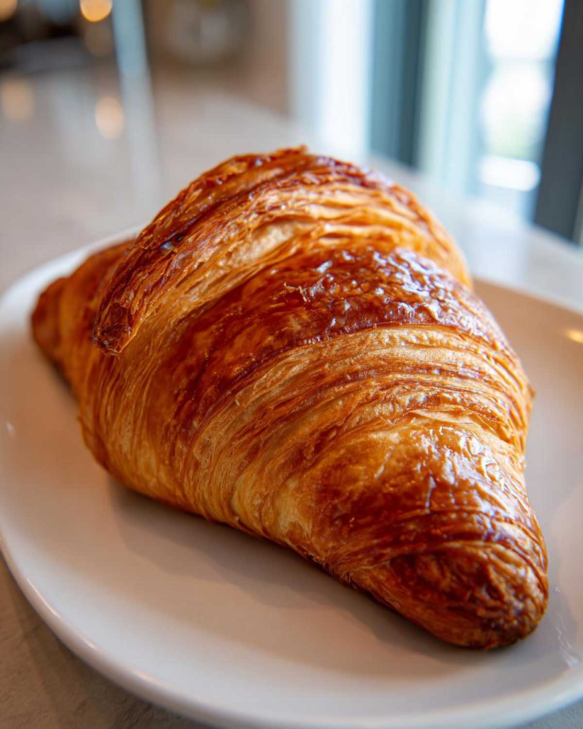 Close-up of a flaky, golden brown chocolate croissant resting on a simple white plate.