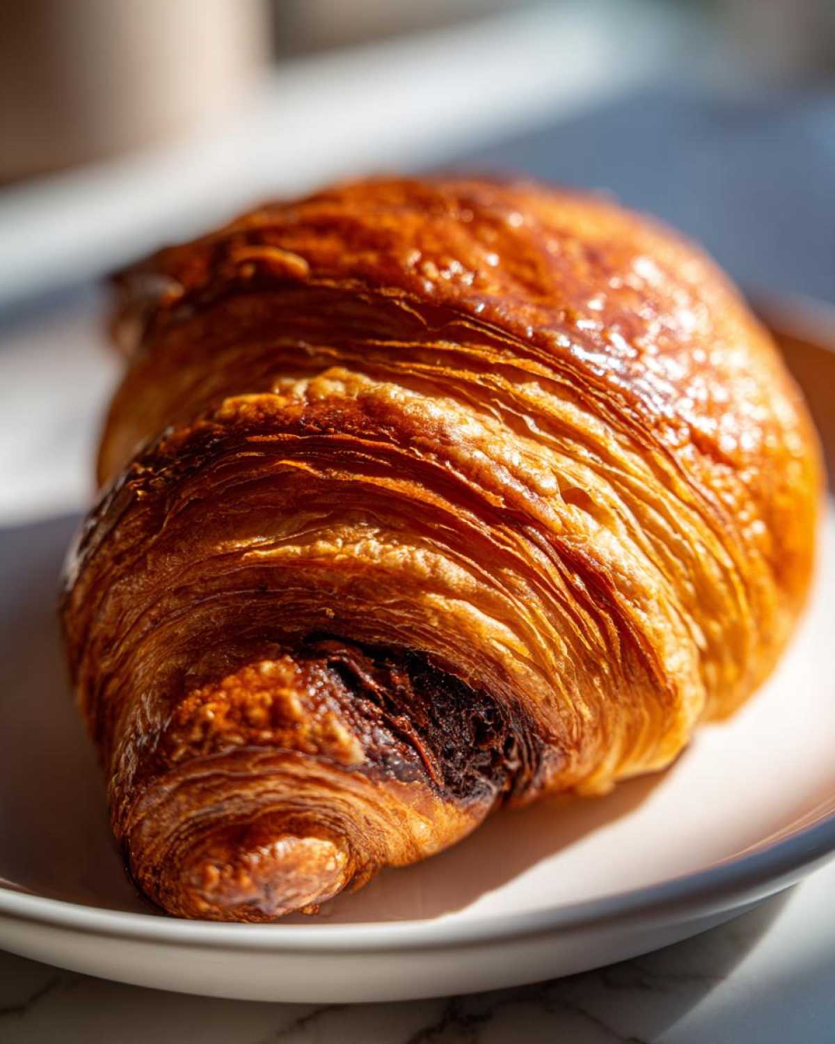 Close-up of a perfectly baked, golden brown chocolate croissant showing flaky layers and melted chocolate.