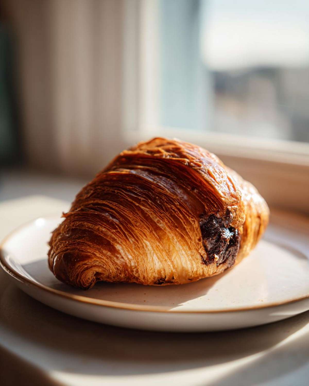 A flaky, golden brown chocolate croissant resting on a small white plate near a window.