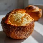 Close-up of a freshly baked bread bowl with a deep golden, crusty exterior and soft, airy interior.