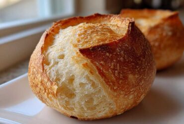 Close-up of a perfectly baked, round bread bowl with a golden, crusty exterior and soft interior.