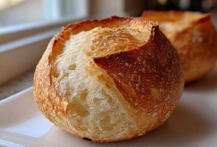 Close-up of a perfectly baked, round bread bowl with a golden, crusty exterior and soft interior.