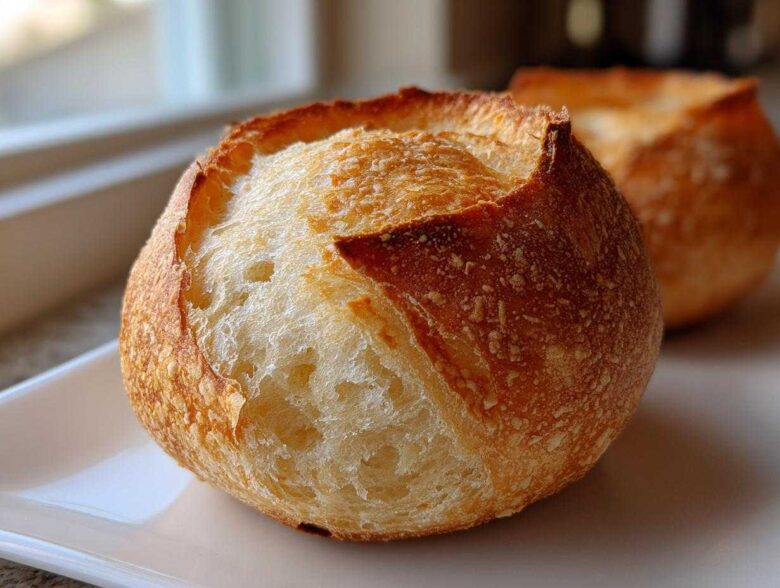 Close-up of a perfectly baked, round bread bowl with a golden, crusty exterior and soft interior.
