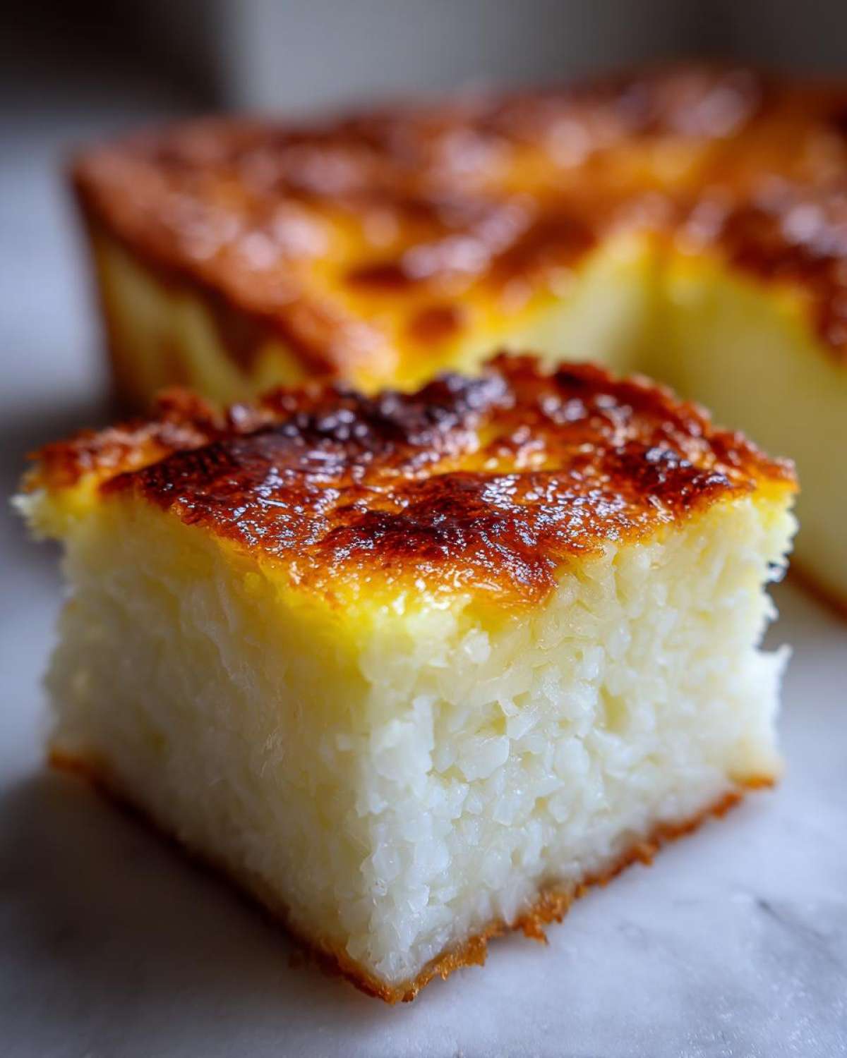 A close-up, enticing shot of a square slice of moist cassava cake with a deeply caramelized, golden-brown top crust.