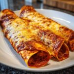 Three baked cheese enchiladas covered in melted, bubbly cheese and rich red sauce, served on a white plate.