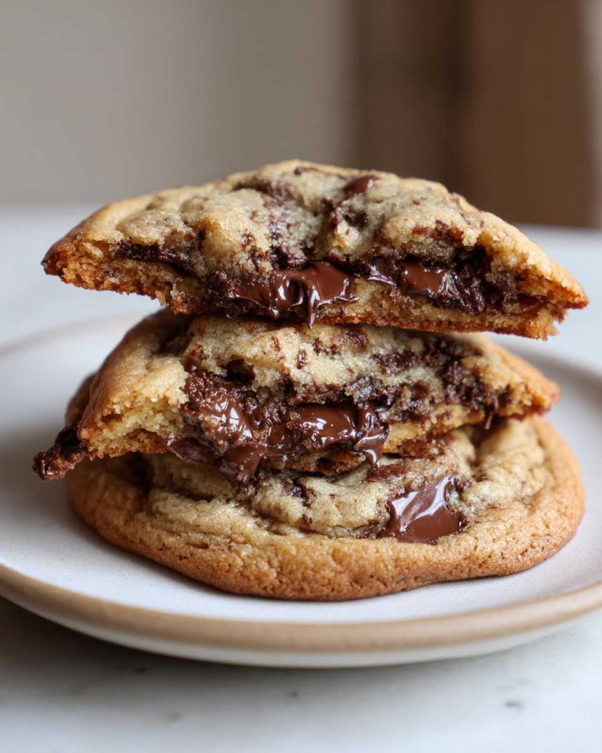 Two sourdough chocolate chip cookies stacked, with the top one broken in half revealing melted, gooey chocolate chips inside.