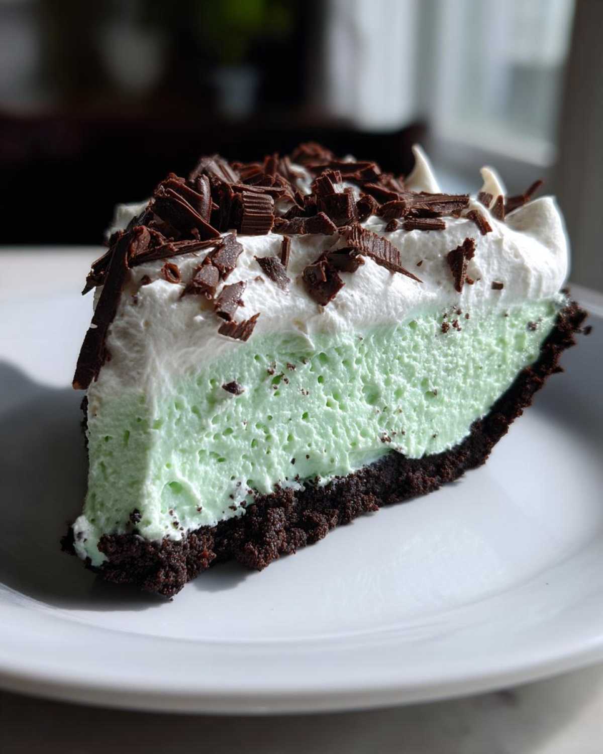 A close-up of a slice of grasshopper pie featuring a dark chocolate crust, light green filling, and whipped cream topped with chocolate shavings.