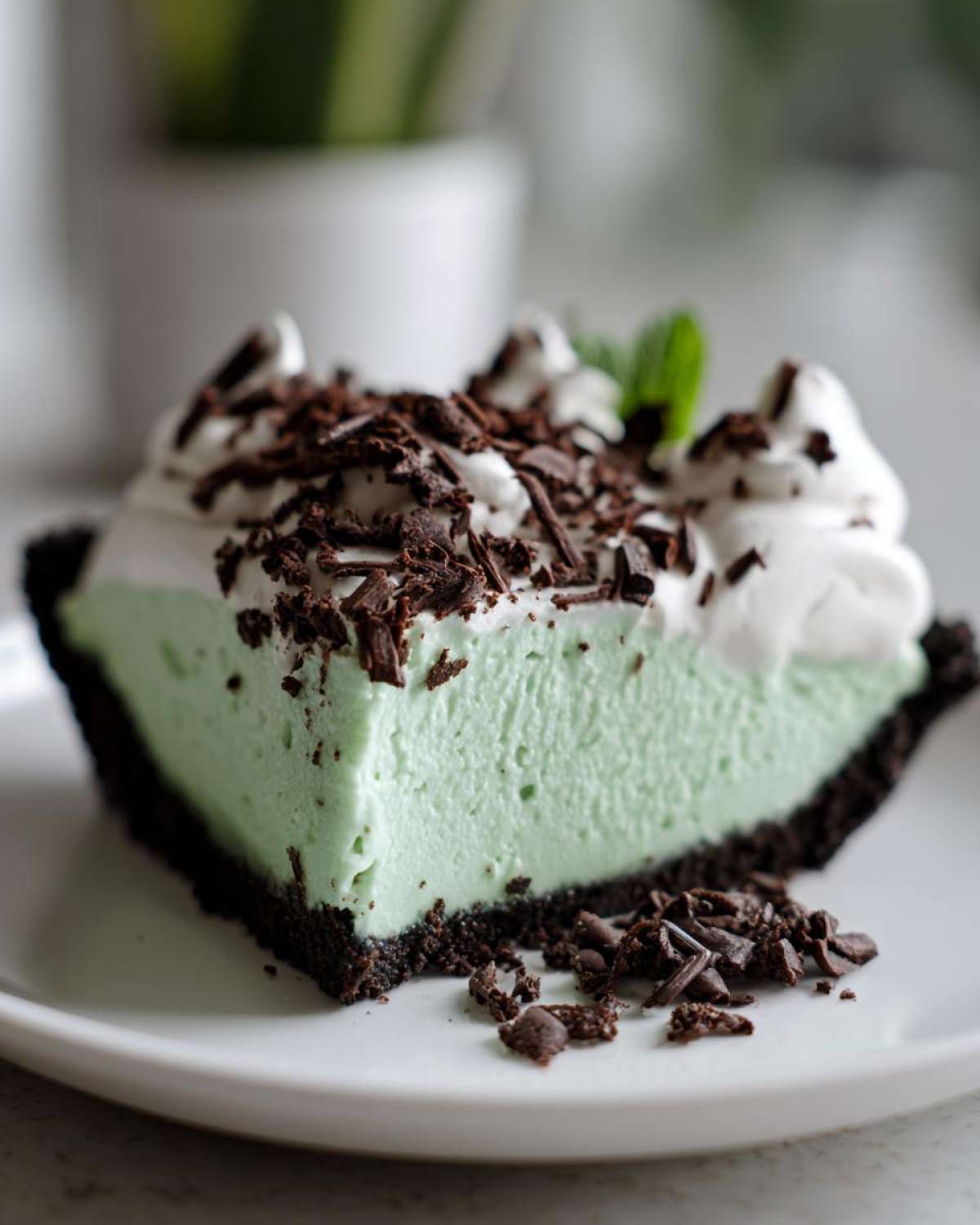 Close-up of a slice of light green grasshopper pie with a dark chocolate crust, topped with whipped cream and chocolate shavings.