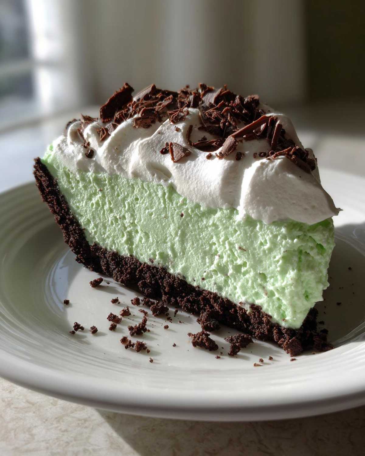 A slice of bright green grasshopper pie with a dark chocolate crust, topped with whipped cream and chocolate shavings.