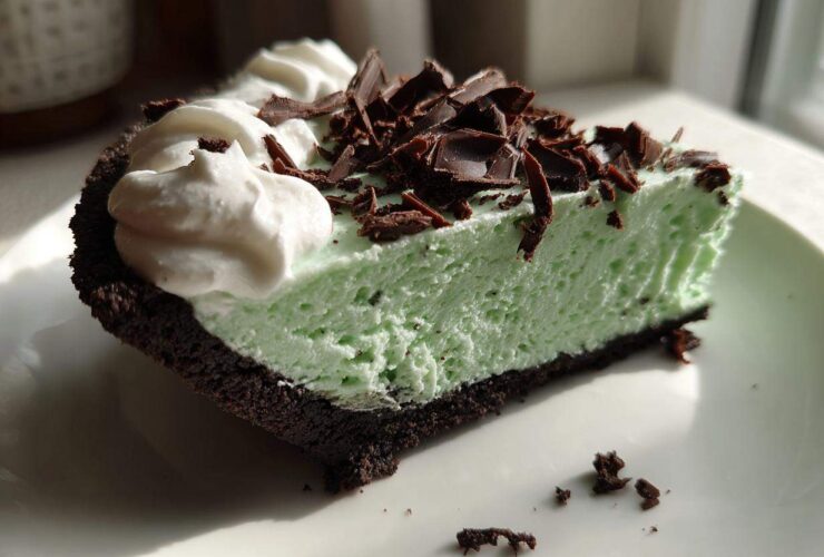 Close-up of a slice of bright green grasshopper pie with a dark chocolate crust, topped with whipped cream and chocolate shavings.