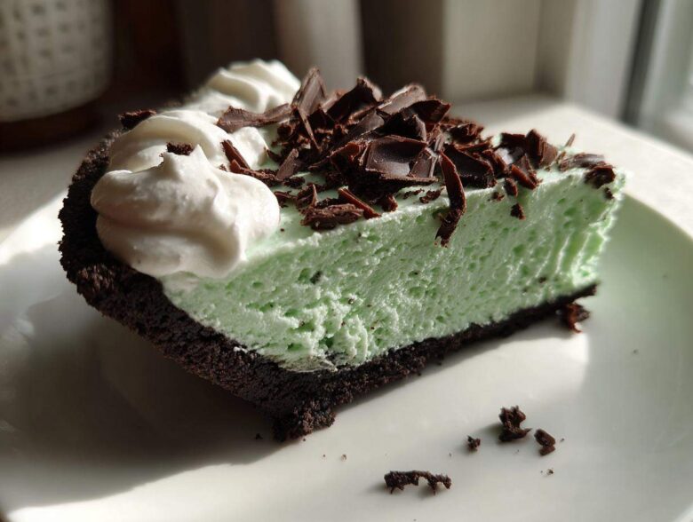 Close-up of a slice of bright green grasshopper pie with a dark chocolate crust, topped with whipped cream and chocolate shavings.