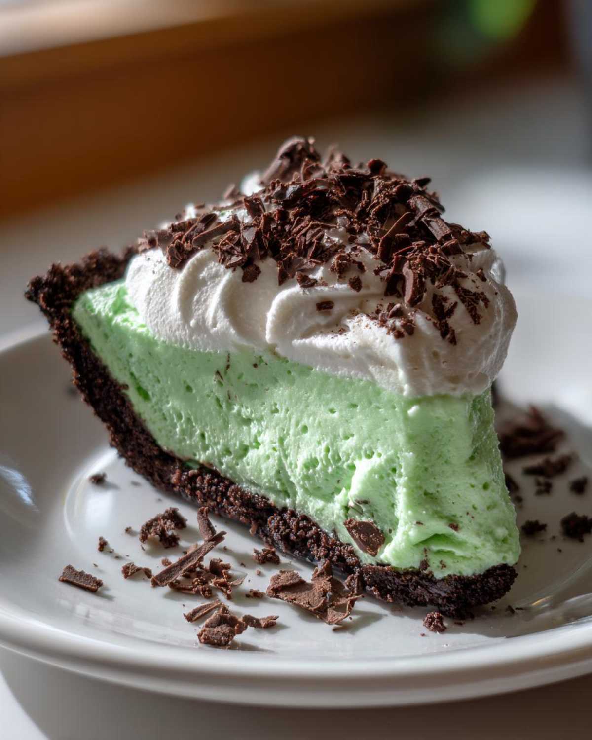 A close-up of a slice of vibrant green grasshopper pie with a dark chocolate crust, topped with whipped cream and chocolate shavings.
