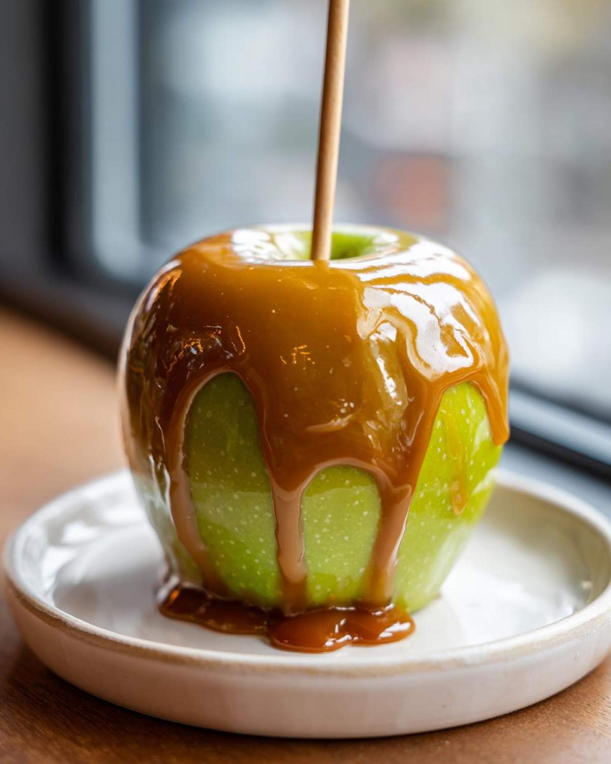 A single green apple covered in thick, dripping caramel sauce, served on a small white plate. This is a homemade caramel apple.