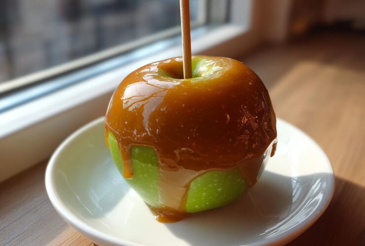 A single green apple coated in thick, dripping caramel, served on a small white plate.