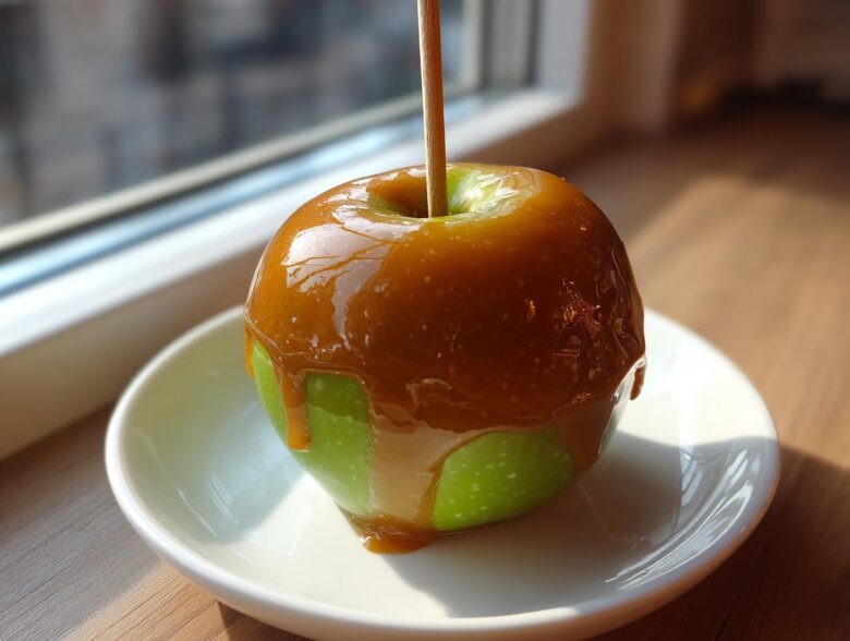 A single green apple coated in thick, dripping caramel, served on a small white plate.