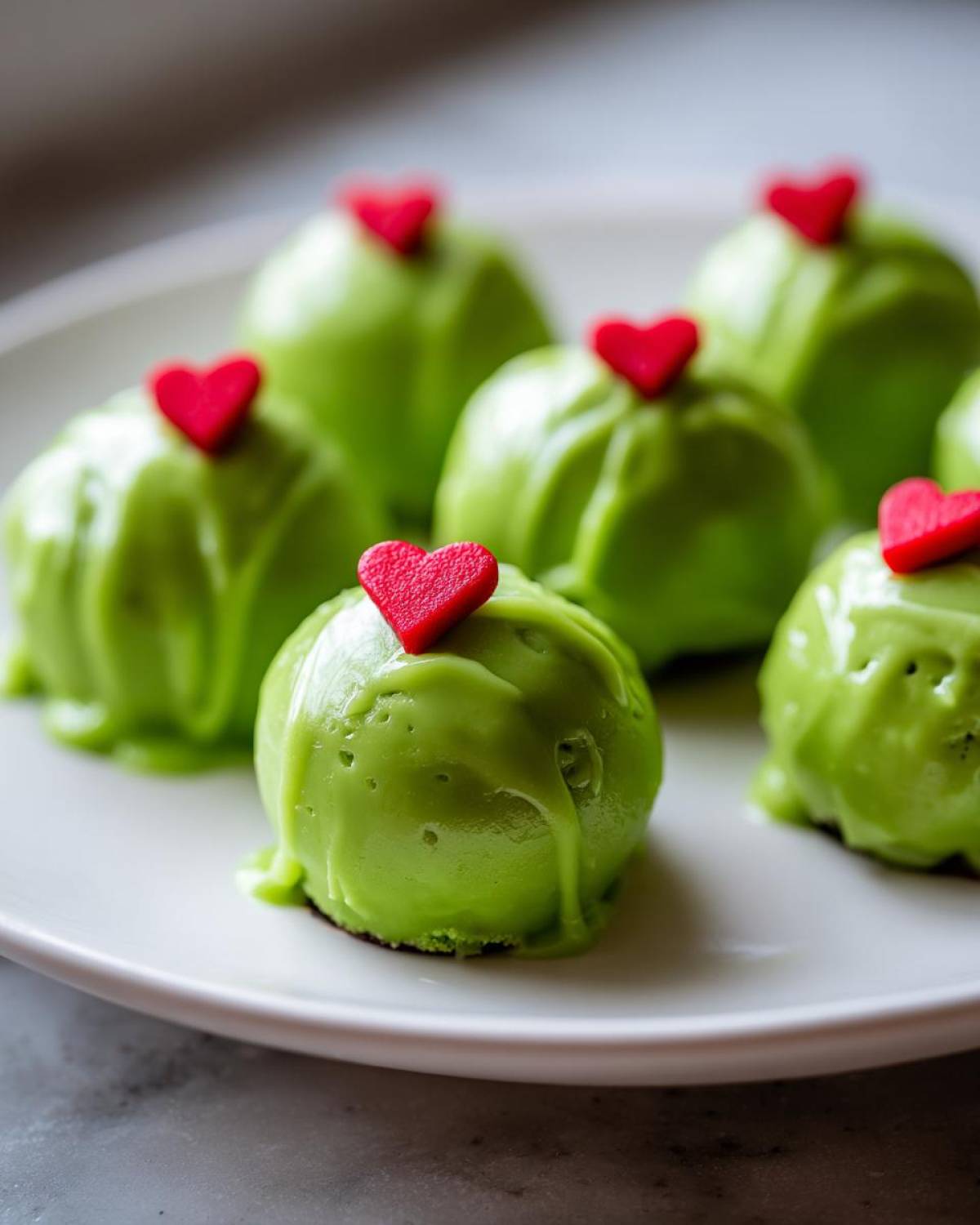 Close-up of bright green Grinch Oreo balls topped with small red heart sprinkles on a white plate.