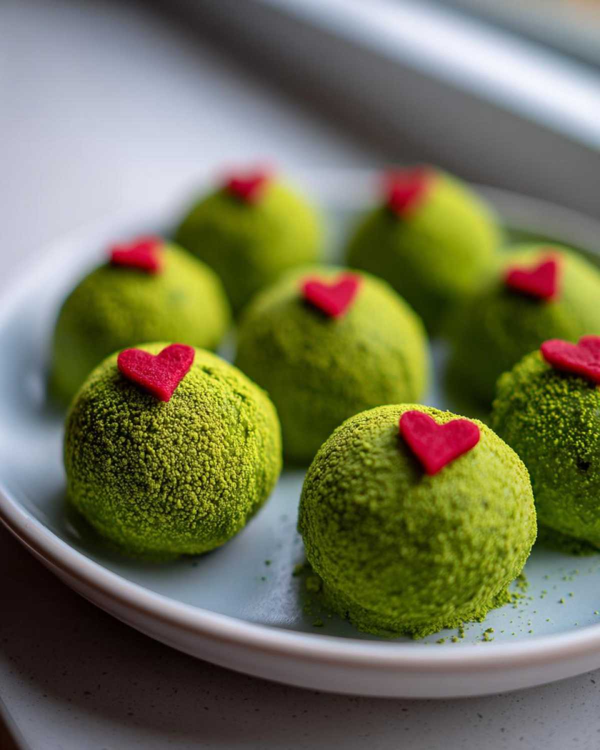Close-up of several bright green Grinch Oreo balls topped with small red hearts, arranged on a white plate.