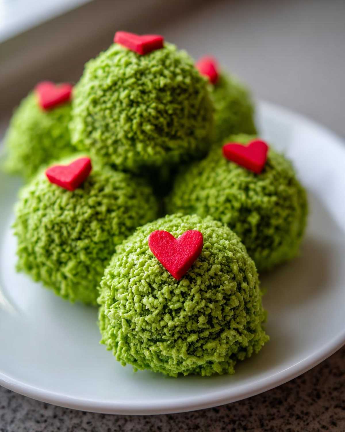 Several bright green, textured Grinch Oreo balls topped with small red heart candies, arranged on a white plate.