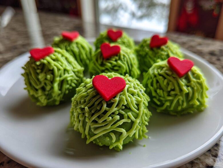 Six festive grinch oreo balls covered in green frosting strands and topped with small red hearts.