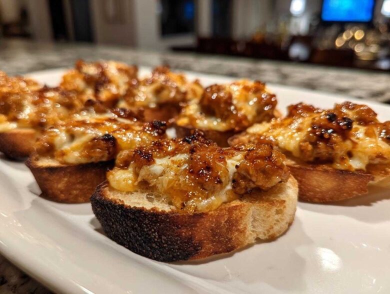 Close-up of cheesy, savory hanky panky recipe topping served on toasted baguette slices.