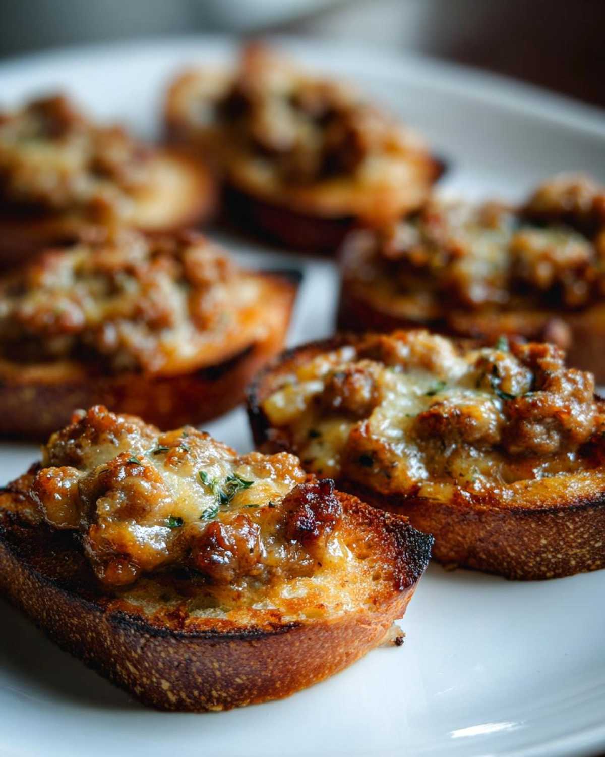 Close-up of cheesy, savory topping on toasted bread slices, featuring the amazing hanky panky recipe appetizer.