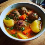 Close-up of a bowl of rich, orange broth albondigas soup featuring large meatballs, chunks of potato, and carrots, garnished with fresh parsley.