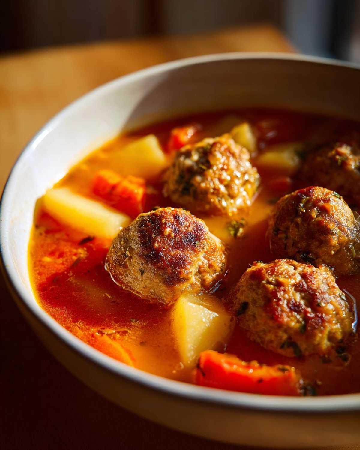 Close-up shot of a bowl of rich, red broth albondigas soup featuring browned meatballs and chunks of potato and carrot.